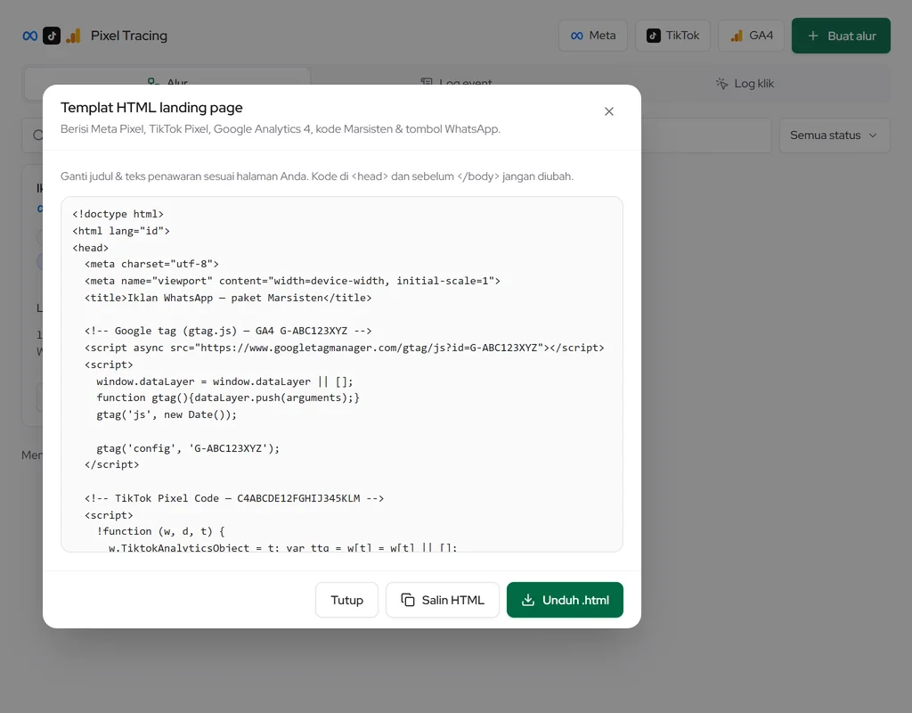 Kode landing page: Templat HTML berisi Meta Pixel, TikTok Pixel, GA4, kode Marsisten, dan tombol WhatsApp