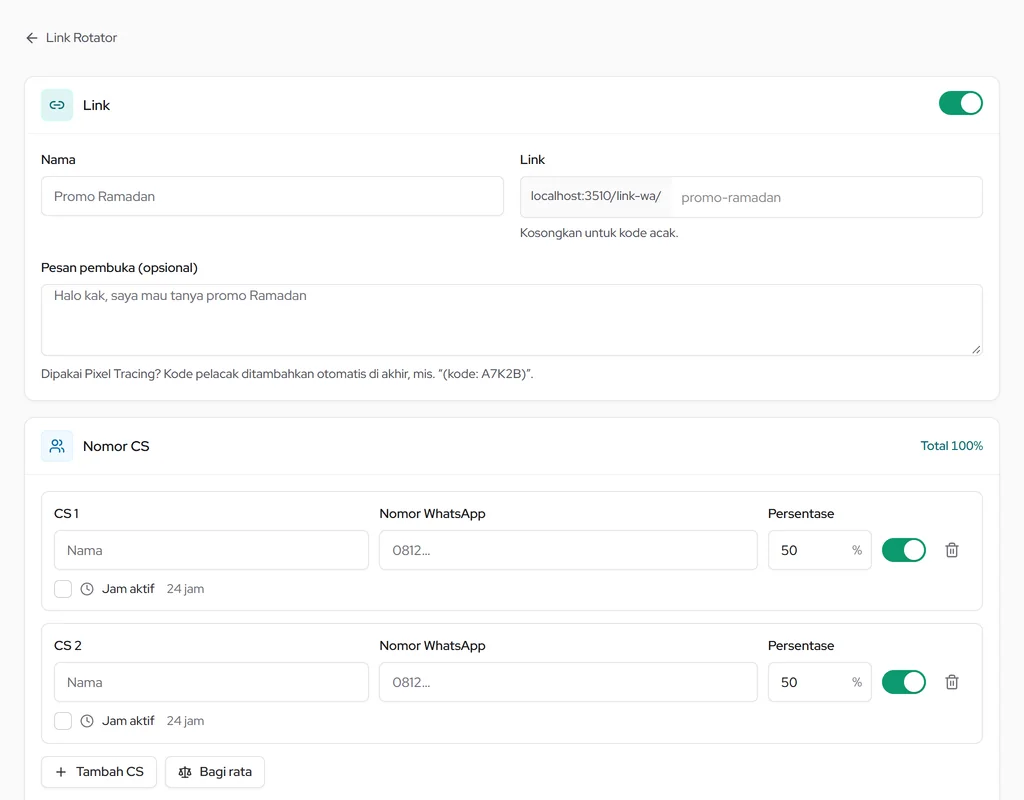 Buat link rotator: nama, alamat link, pesan pembuka, nomor CS dengan persentase dan jam aktif