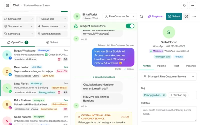 Inbox CSWA.AI: daftar chat dari berbagai kanal dan percakapan yang sedang dibuka